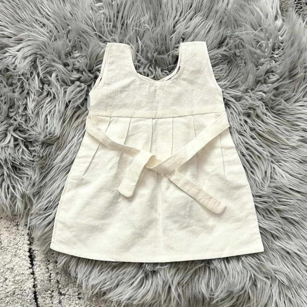 Handmade Girls White Cotton Dress With Beautifully Embroidered Red Flowers SZ NB